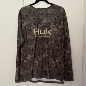 Huk Long Sleeve Performance Shirt in Olive Camo with Tan Logo
